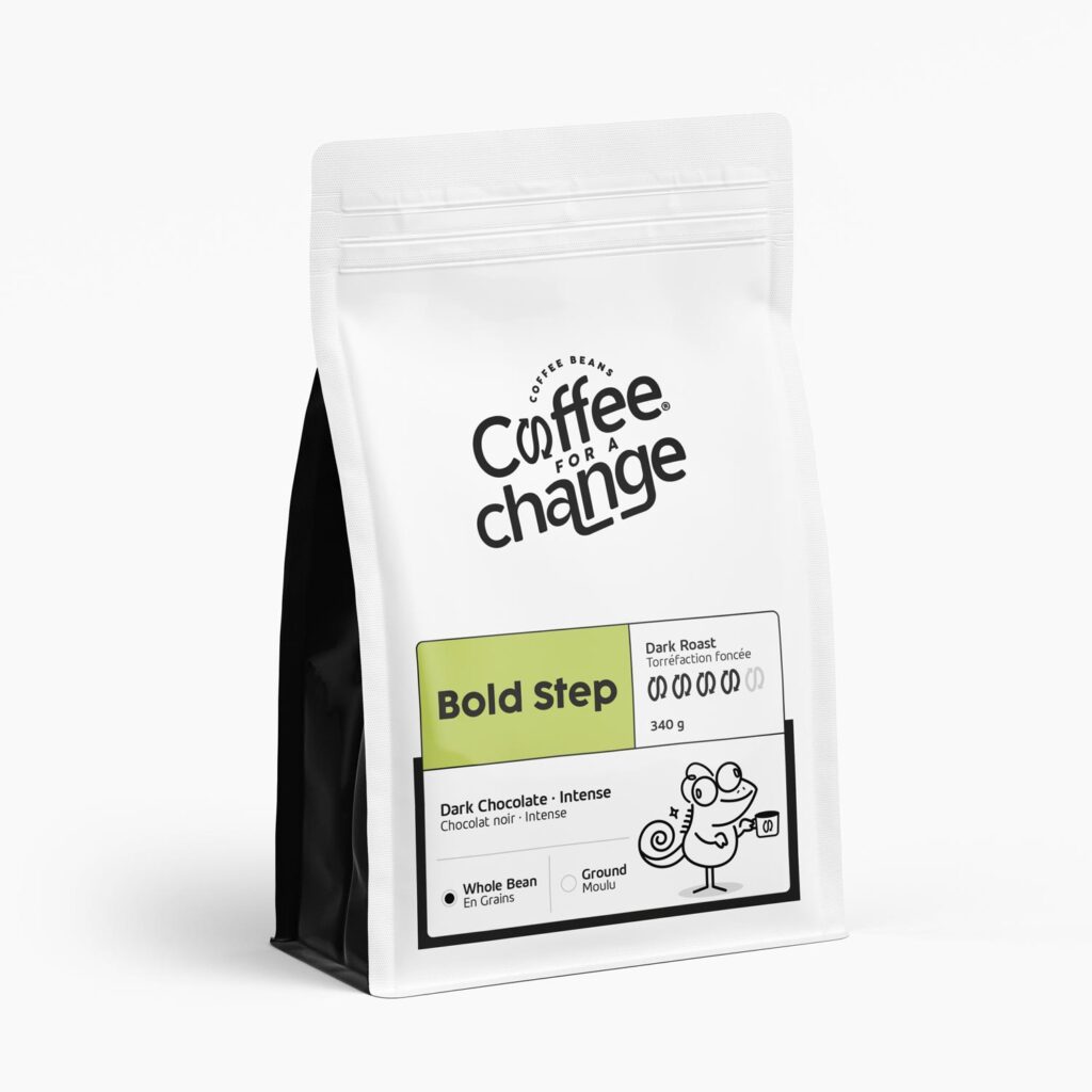 Bold Step dark roast coffee beans packaging detail