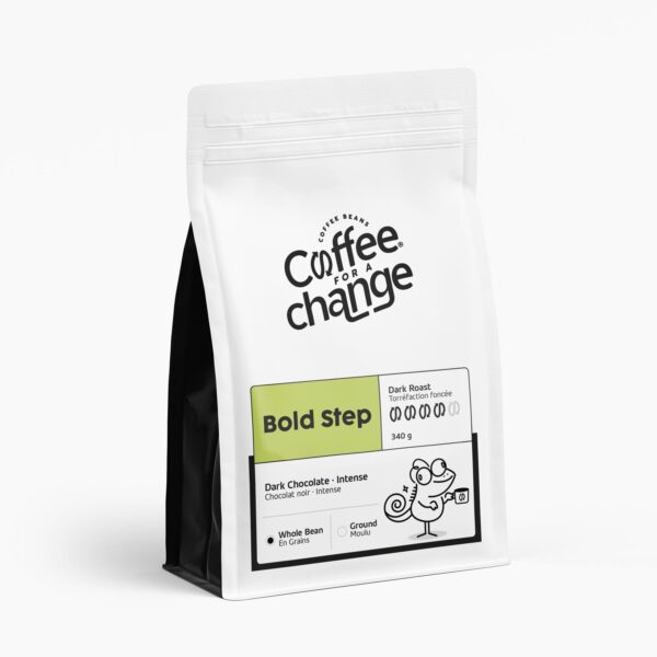 Bold Step dark roast coffee beans packaging detail