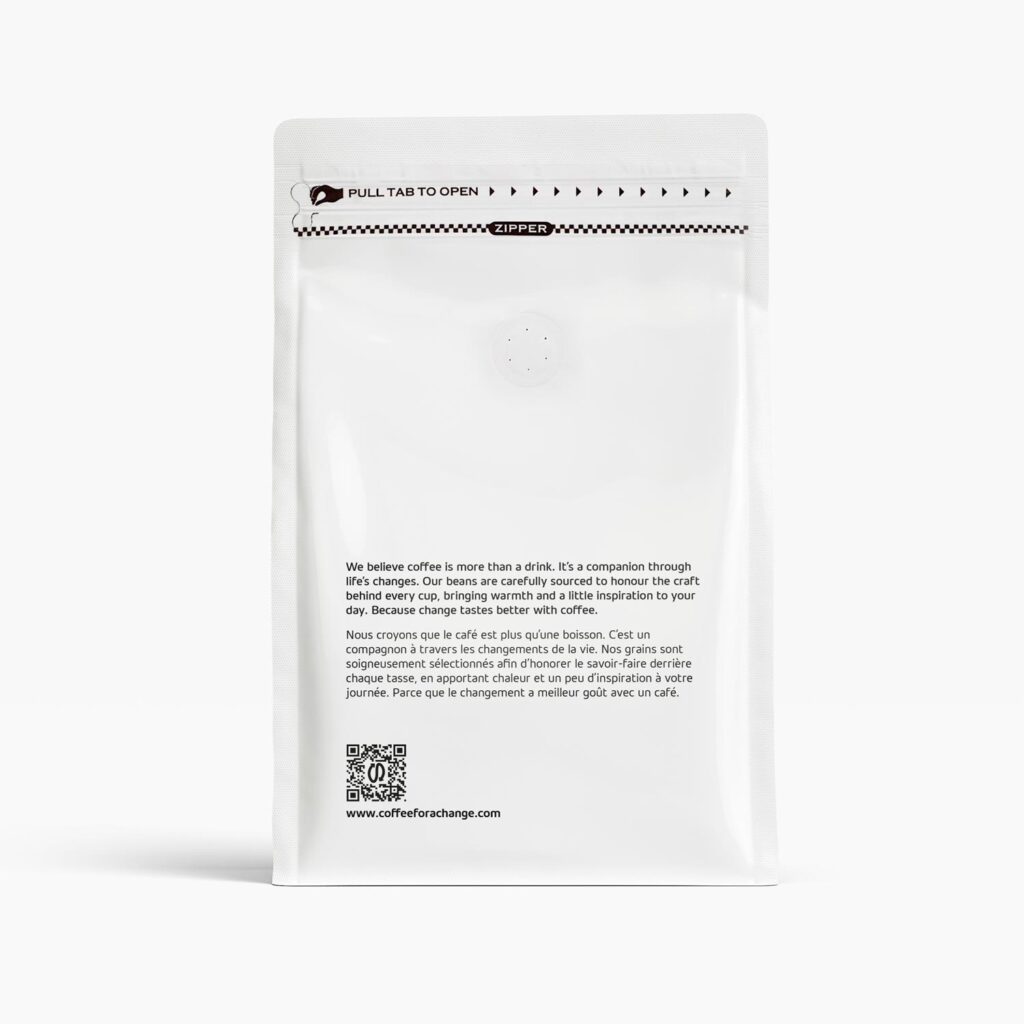 Coffee for a Change coffee bag back label
