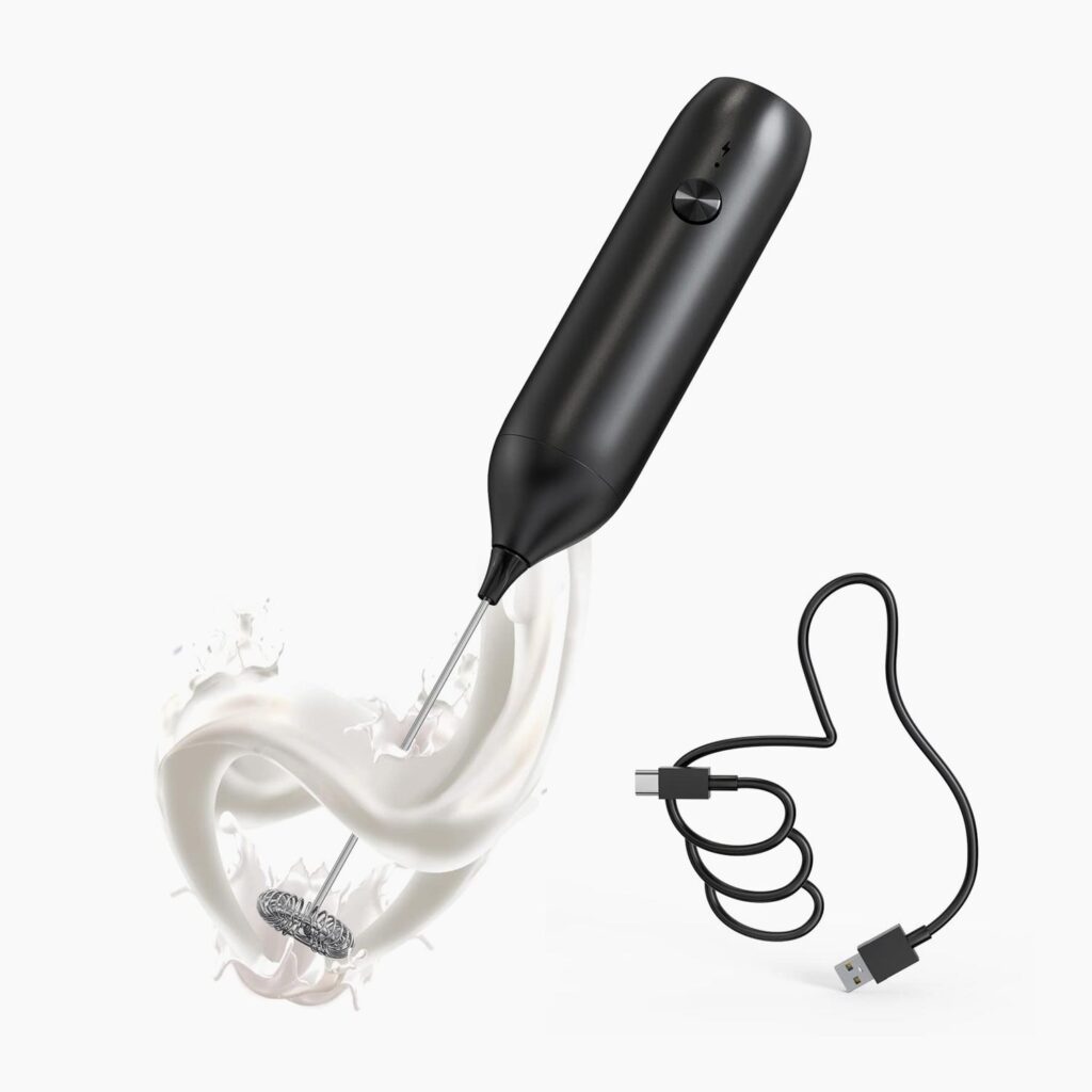 Rechargeable milk frother for coffee and lattes