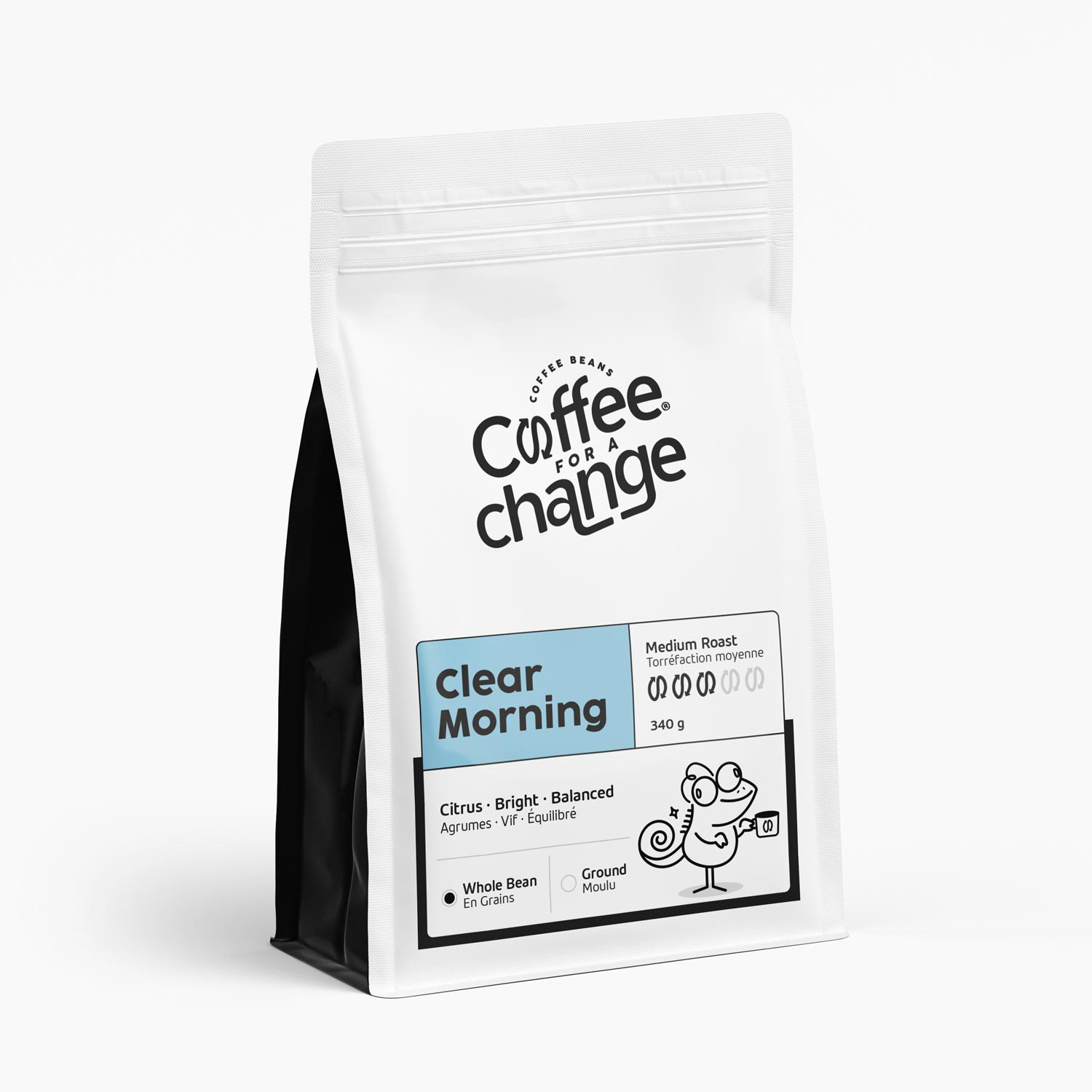Clear Morning medium roast coffee beans packaging detail