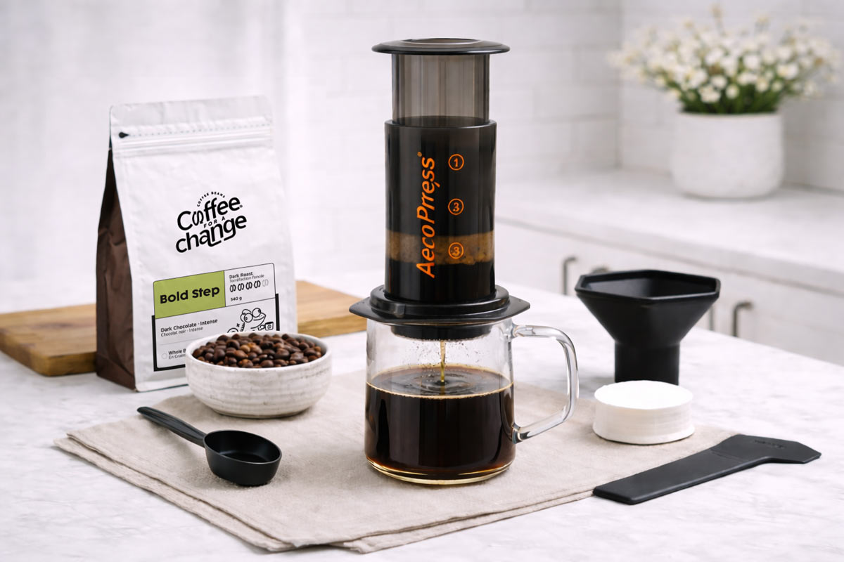 AeroPress coffee brewing setup with freshly brewed coffee, black AeroPress, glass mug, and coffee beans