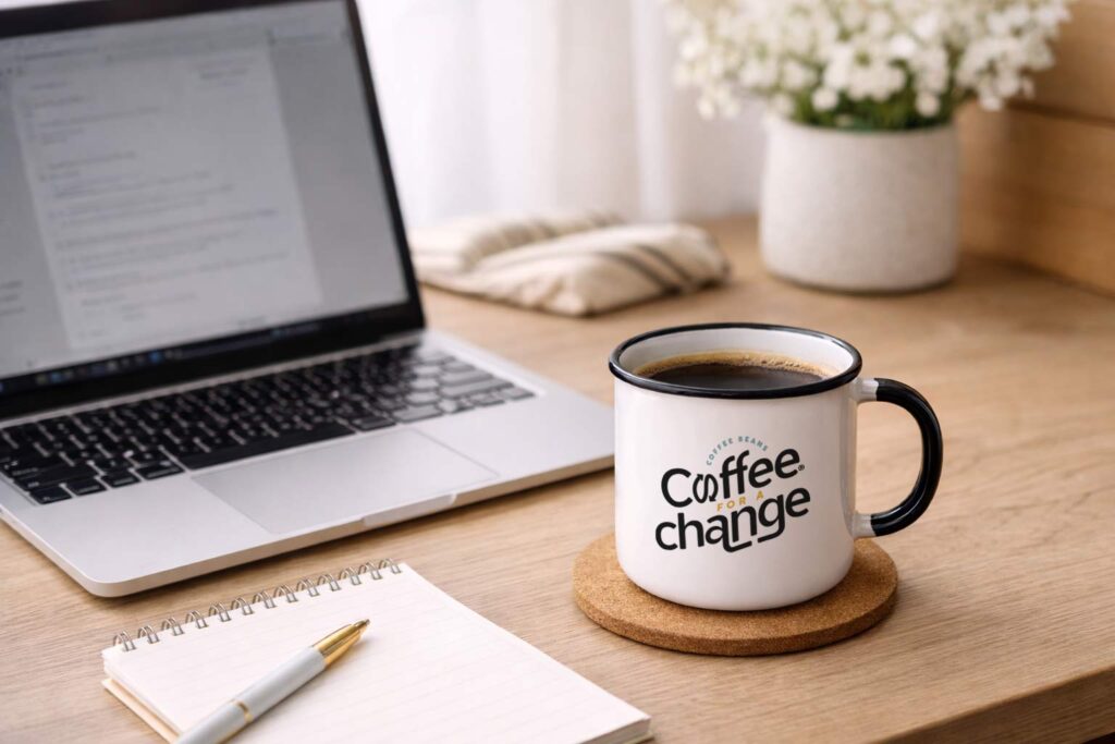 Laptop on a desk with a cup of coffee beside it, representing an everyday coffee moment at home or work
