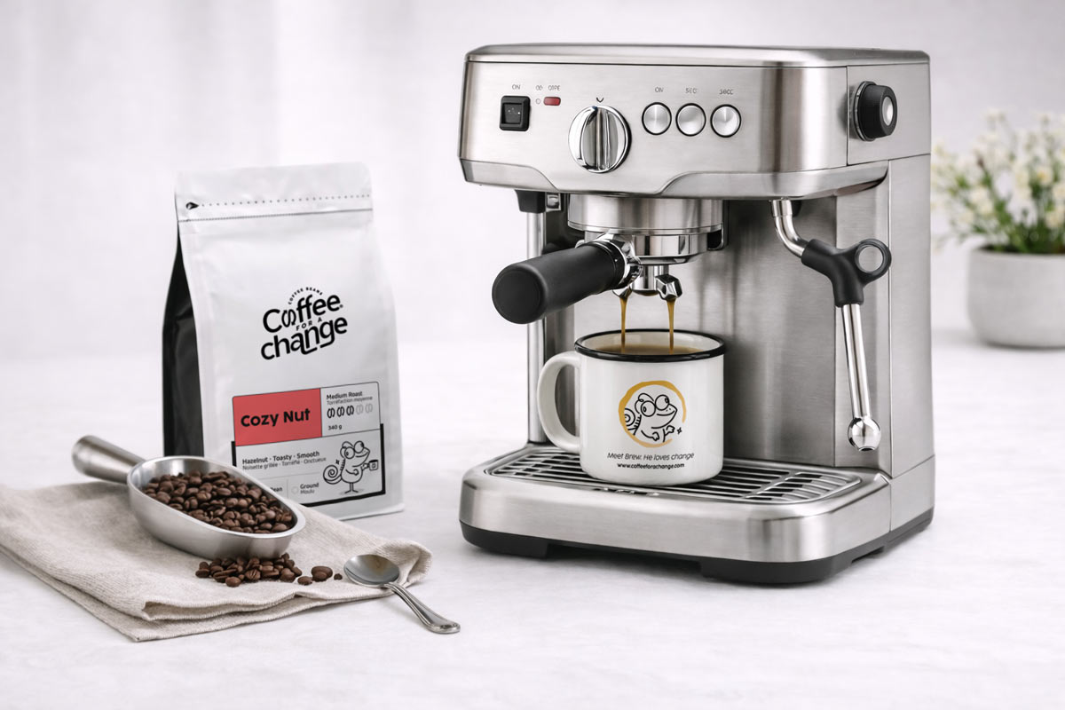 Espresso machine brewing coffee with coffee beans