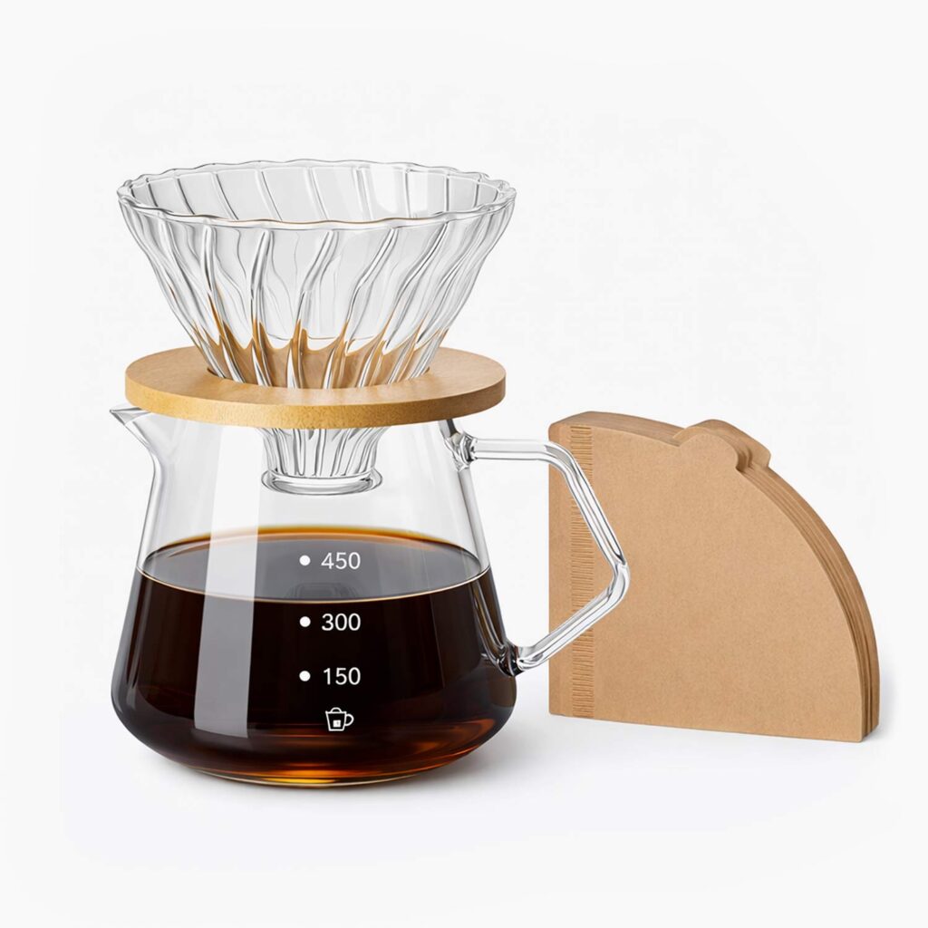Glass pour over coffee maker with borosilicate glass carafe, spiral glass dripper, wooden collar, and V02 paper filters