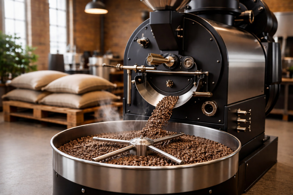 Specialty whole bean coffee roasting process with professional coffee roaster and freshly roasted beans in a small-batch roastery.