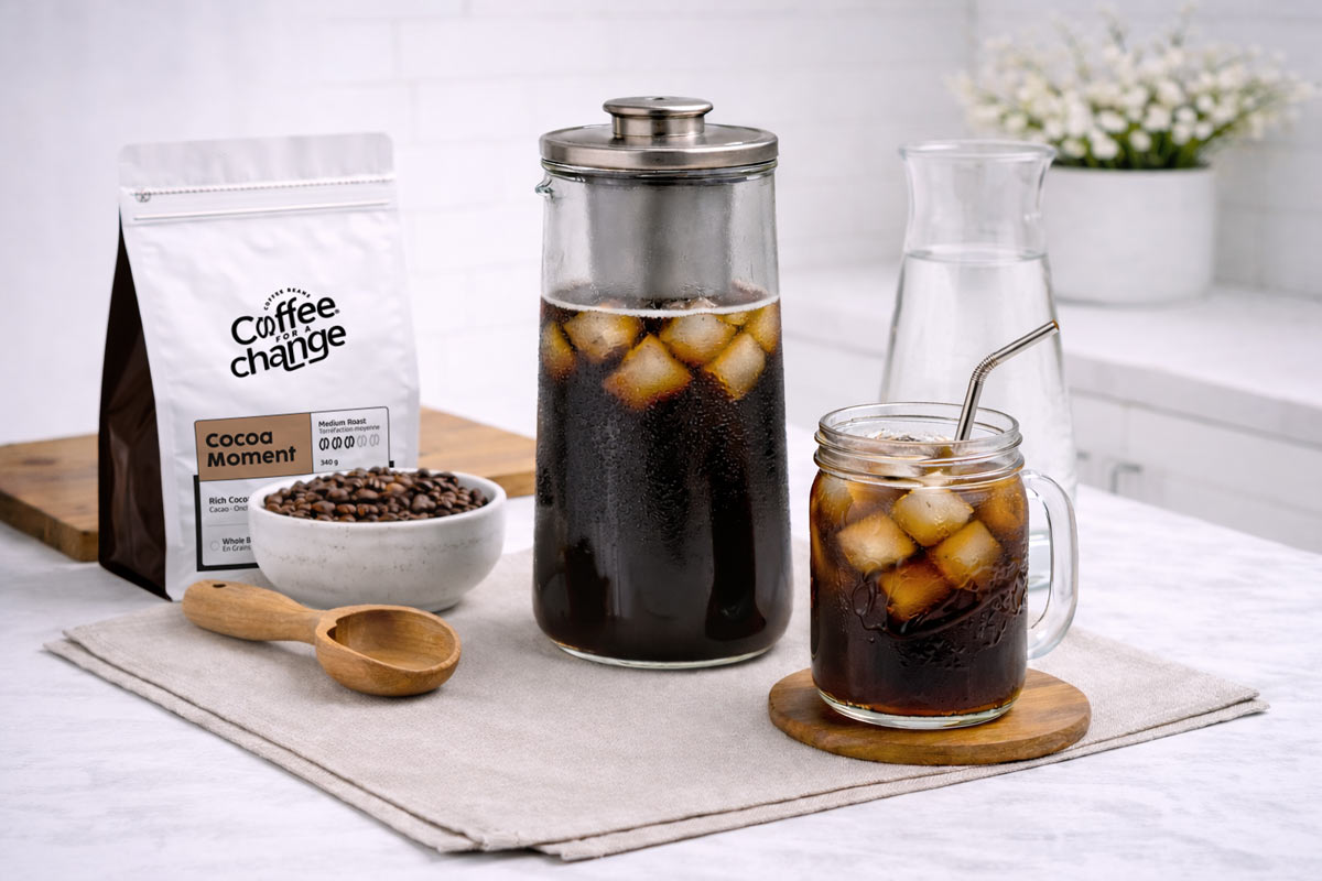 Cold brew coffee brewing setup with glass cold brew maker and coffee bag