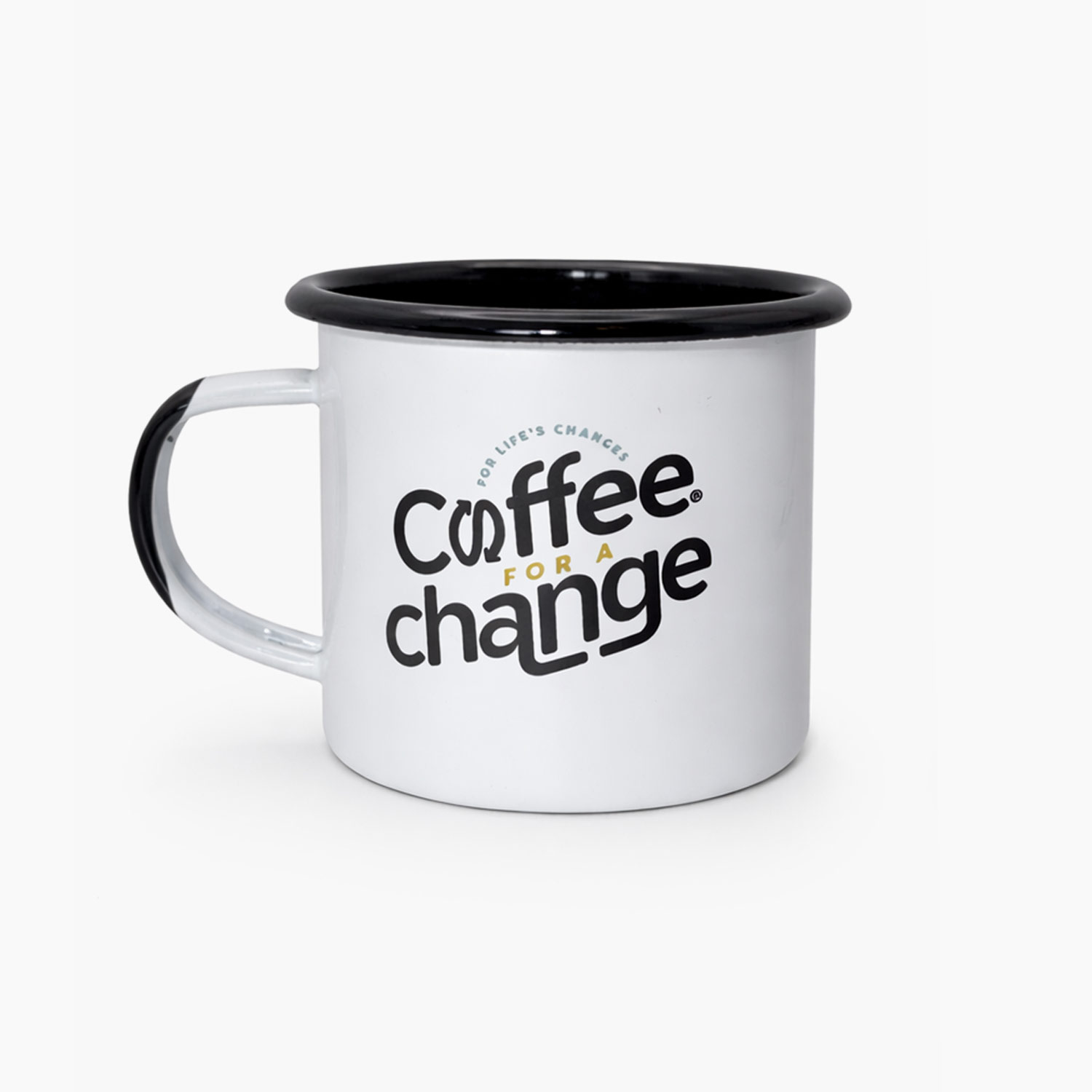 White enamel camping mug with black rim and handle, and Coffee for a Change logo