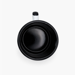 Top view of Coffee for a Change white enamel camping mug with black interior and handle