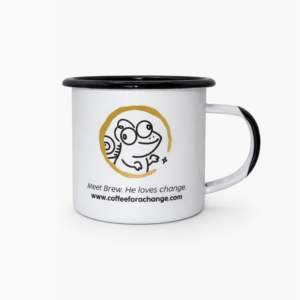 White enamel camping mug with black rim and handle, and Brew the Chameleon