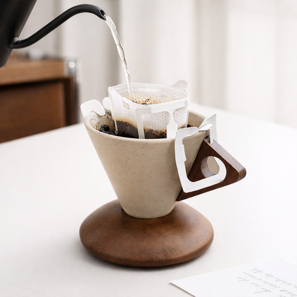Minimal ceramic coffee cup with wooden base on a clean table