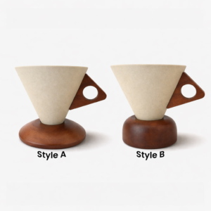 Ceramic coffee cup with wooden base shown in Style A and Style B