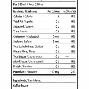 Bilingual Nutrition Facts label for brewed coffee (per 240 mL) with ingredients: coffee beans.