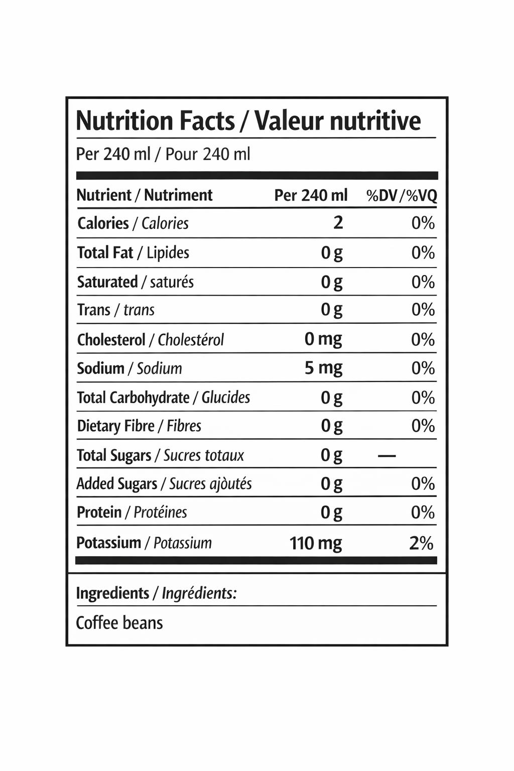 Bilingual Nutrition Facts label for brewed coffee (per 240 mL) with ingredients: coffee beans.