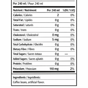 Bilingual Nutrition Facts label for brewed coffee (per 240 mL) with ingredients: coffee beans.