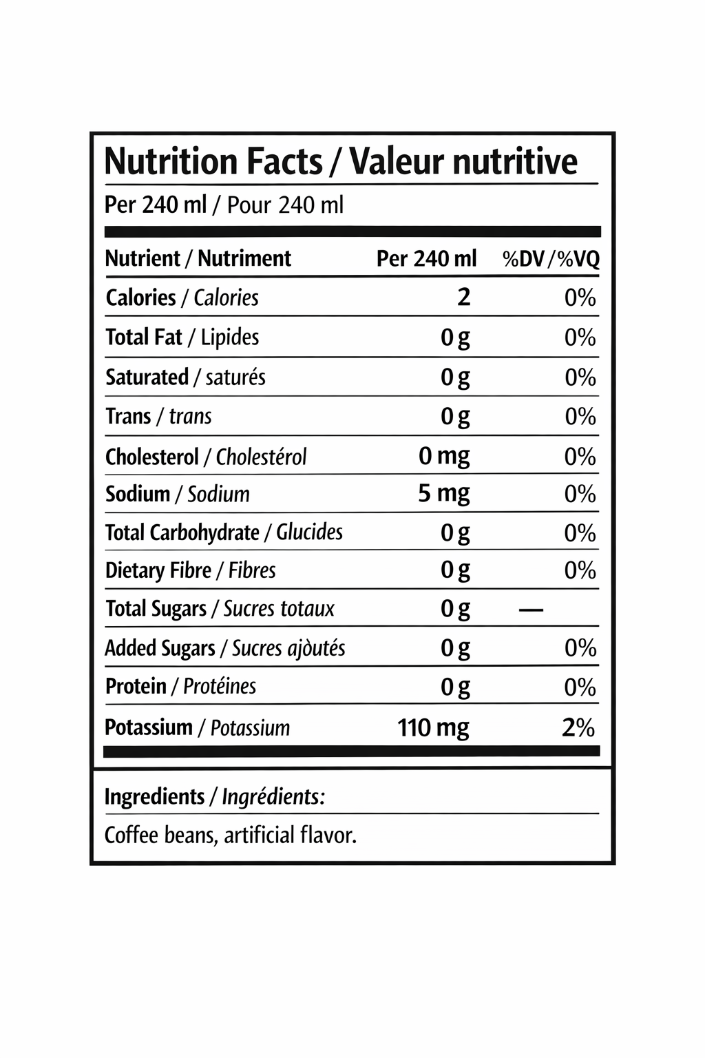Bilingual Nutrition Facts label for brewed coffee (per 240 mL) with ingredients: coffee beans.