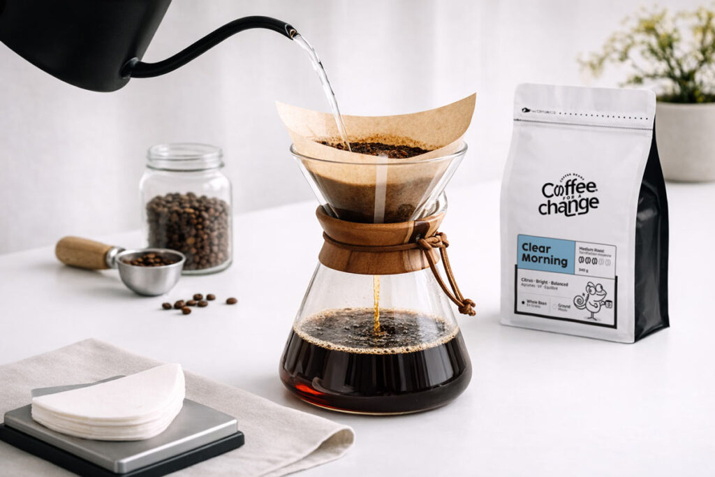 Chemex coffee brewing method with paper filter, freshly ground coffee and glass carafe on a bright kitchen counter