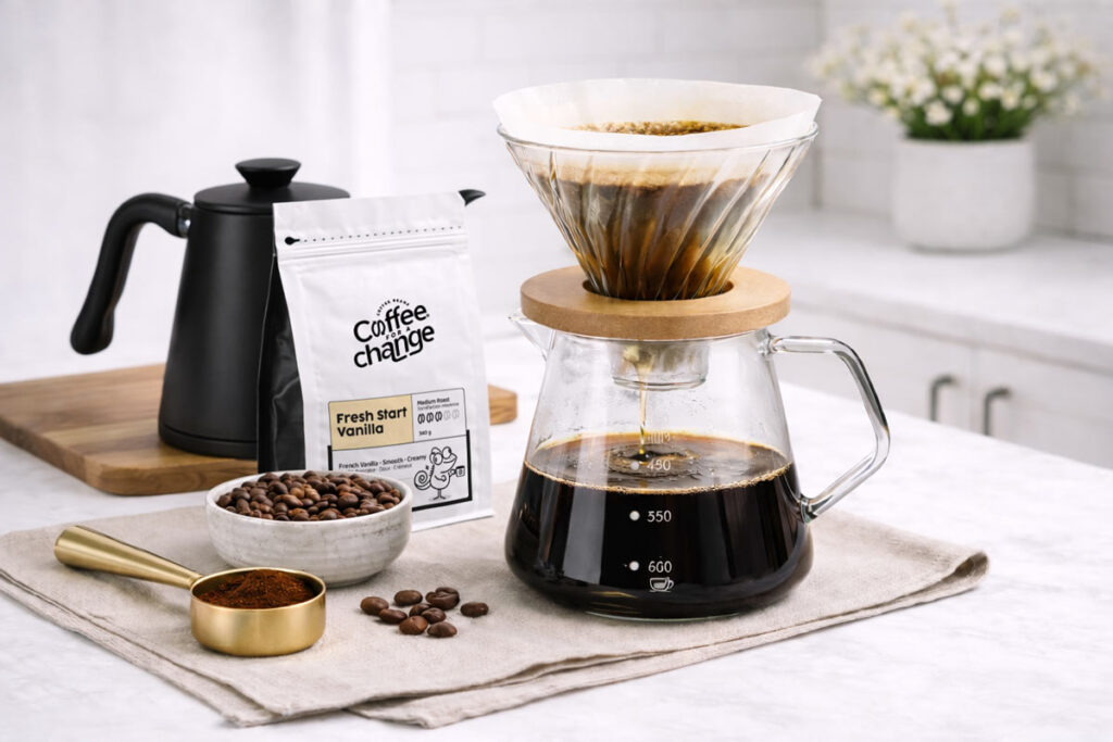 V60 pour over coffee brewing setup with glass dripper and coffee beans